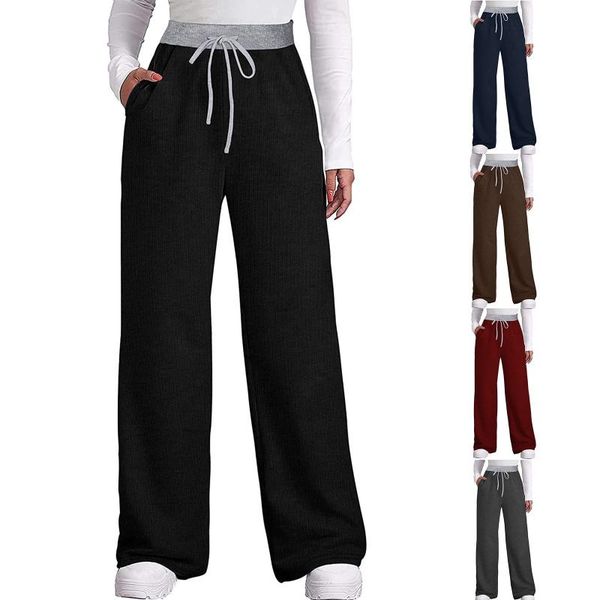 

women's pants & capris loose wide leg with pockets winter high waisted casual trousers sweatpants female elastic waist drawstring, Black;white