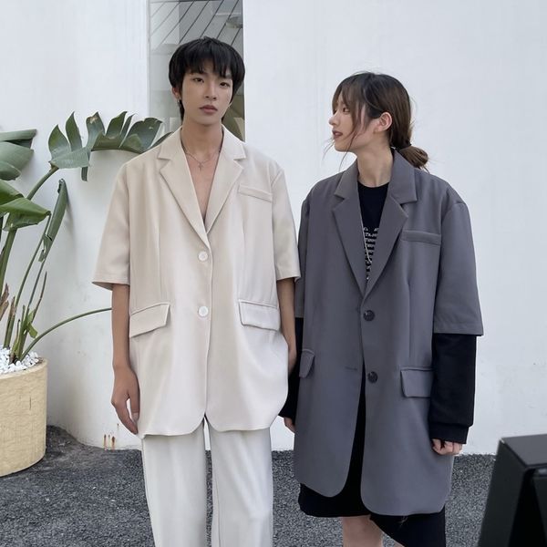 

men's suits & blazers summer short-sleeved blazer fashion gray beige suit jacket men korean business society mens dress s-2xl n7yl, White;black