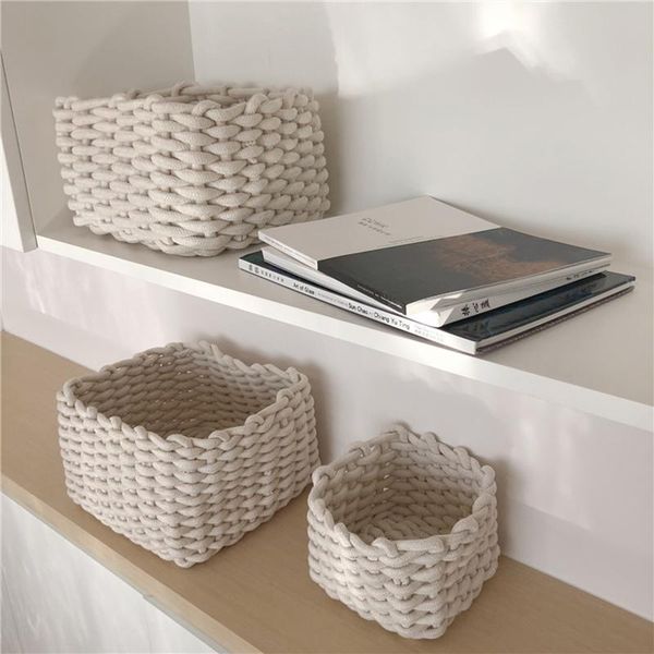 

storage baskets hand-woven basket home sundries woven cotton rope cosmetic organizer book toy deskstorages decor