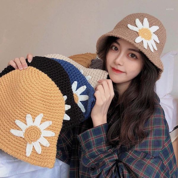 

autumn and winter ladies flower woolen hat handmade knitted fisherman hat1, Blue;gray