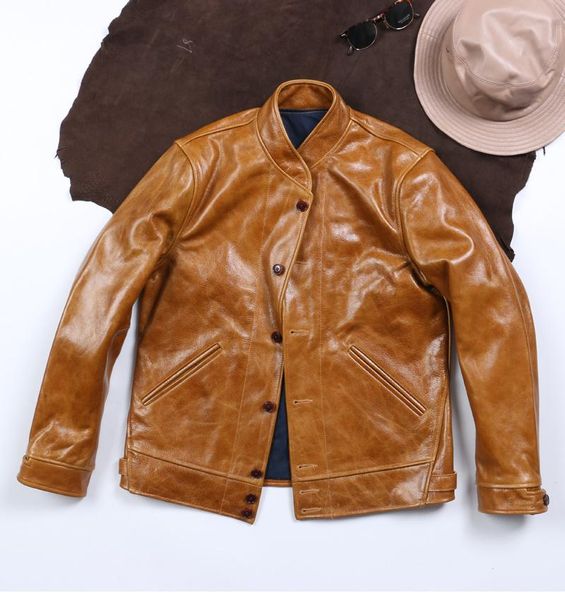 

men's leather & faux japanese .sales.quality yrstyle.classic casual oil wax cowhide jacket.men vintage brown clothes., Black