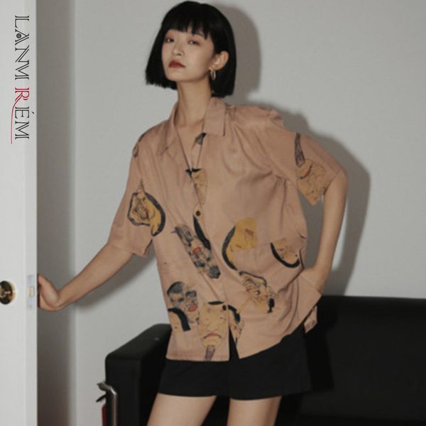 

women face pattern shirt short sleeve loose casual lapel lady shirts fashion summer arrivals 2h023 210507, White