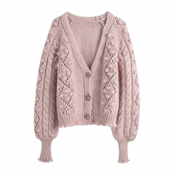 

streetwear women diamonds button sweater fashion ladies pink ball decoration knitted coats sweet female chic cardigans 210427, White
