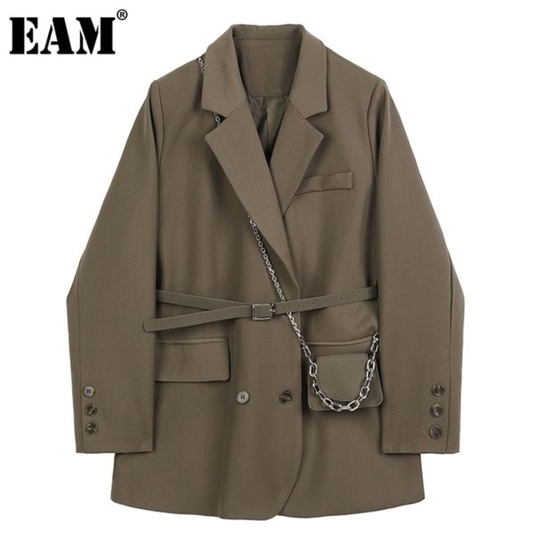 

[eam] women brown pocket big size blazer lapel long sleeve loose fit jacket fashion spring autumn 1db850 211022, White;black