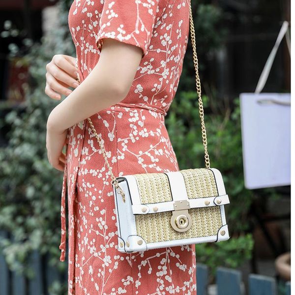 

cross body simple chain straw shoulder box handbag horizontal square lock diagonal small bag handbags women bags designer