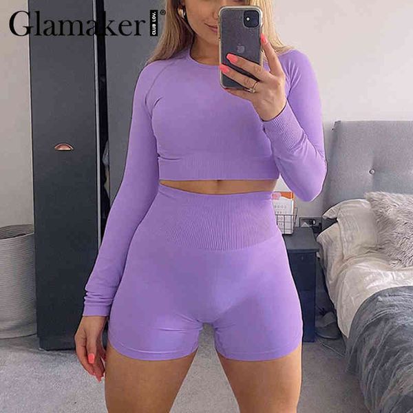 

glamaker knitted bodycon 2 piece suit women purple autumn wimter long sleeve and shorts sets clothes sportswear new 210414, White