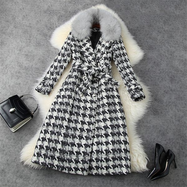 

wools female winter fur collar thicken warm wool elegant jacket houndstooth woolen coats outerwear, Black