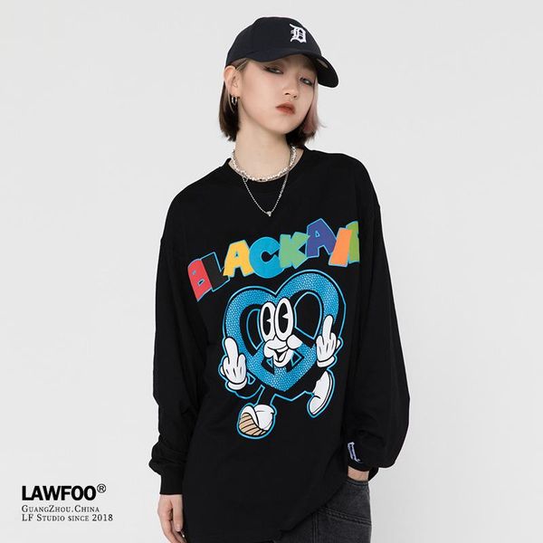 

men's t-shirts hip-hop cartoon printing loose long-sleeved t-shirt, White;black