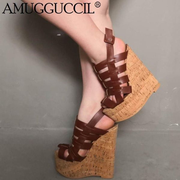 

plus big size 34-48 brown buckle fashion high heel platform party female ladies summer wedge women sandals l1125, Black