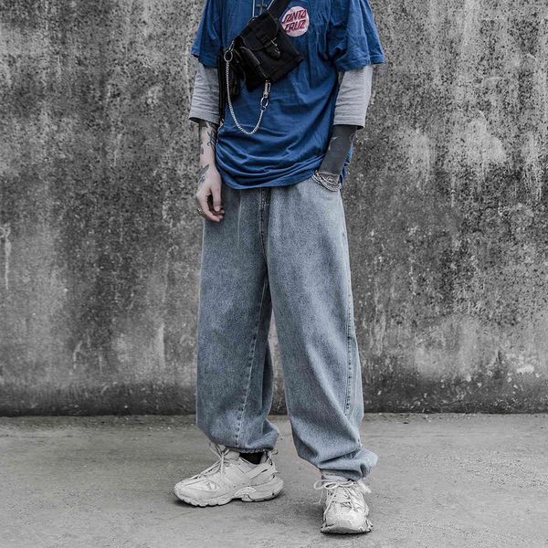 

men's jeans fashion wide legs pants baggy homme casual cargo pocket streetwear biker denim loose blue/black trousers b3eu
