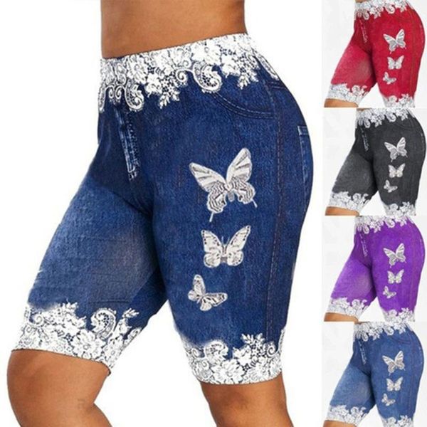 

plus size women pants shorts leggings summer fake denim ladies short floral printed high waist female d30 women's, White;black