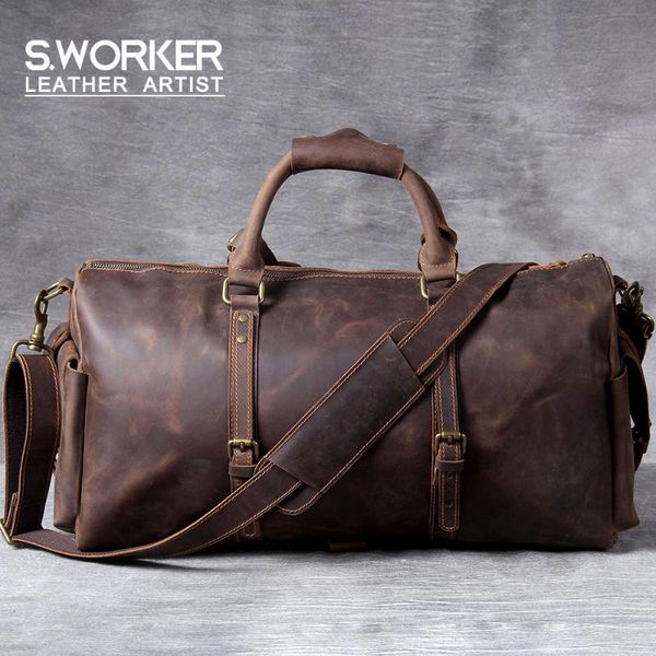 

duffel bags s.worker genuine leather travel bag classic vintage full-grain cowhide weekender handbag carry on luggage
