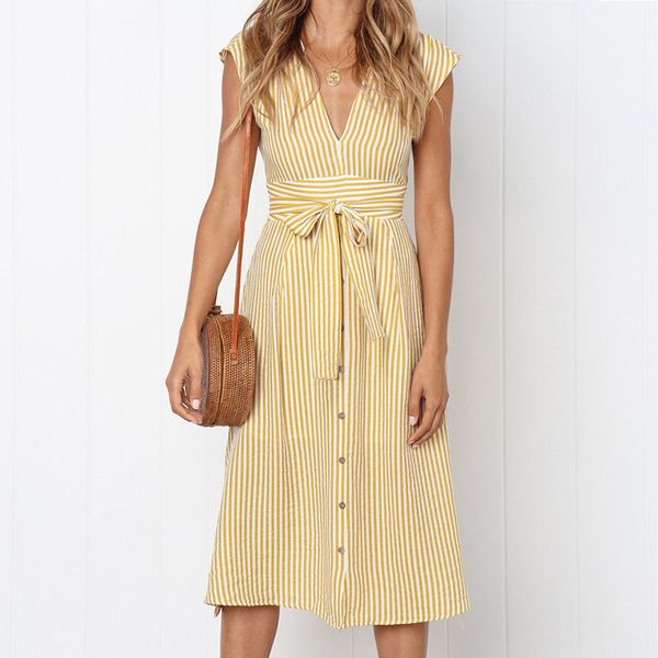

vintage stripe print midi dress women elegant deep v sash tie up bodycon dresses female summer streetwear sundresses 210426, Black;gray