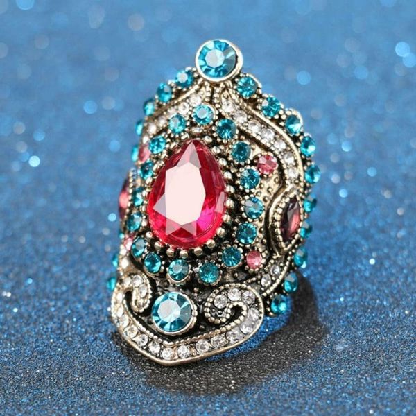 

cluster rings women vintage wedding big bohemia unique red turkey jewelry plating gold mosaic blue crystal fashion love gift, Golden;silver