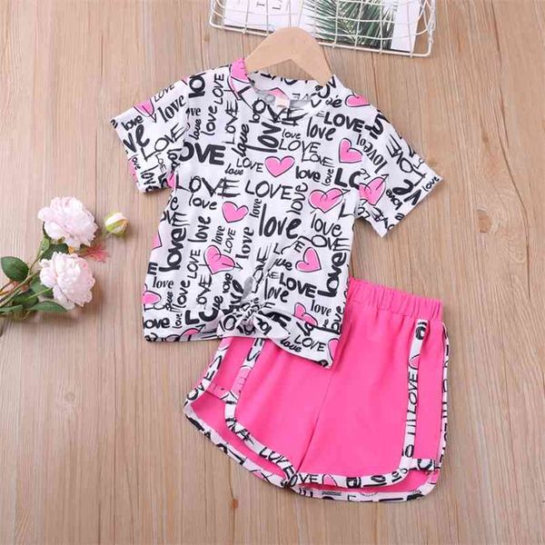 

summer girls clothes letter print knotted decoration clothing sets children's kids 210528, White