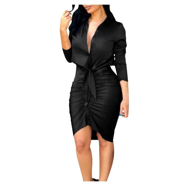 

casual dresses design women fashion v-neck solid color long sleeves lace-up dress summer autumn daily accessories, Black;gray