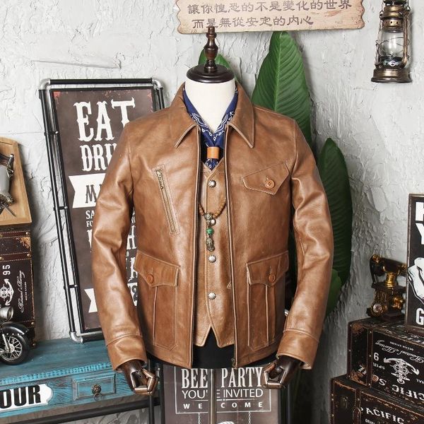 

men's leather & faux classic 1930 lapel motorcycle coat batik used first layer cowhide slim jacket, Black