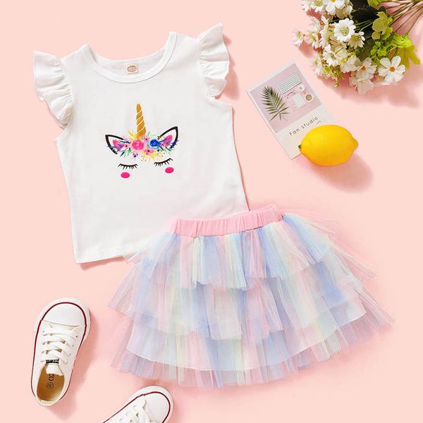 

kids clothing sets girls outfits baby clothes children lace tutu skirt unicorn print two-piece suit cotton short sleeve t-shirts b6663, White