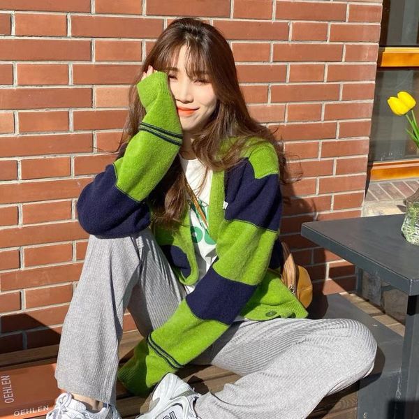 

women's knits & tees autumn 2021 green striped knitted oversized cardigan jacket female chic color matching v-neck short sweater casual, White