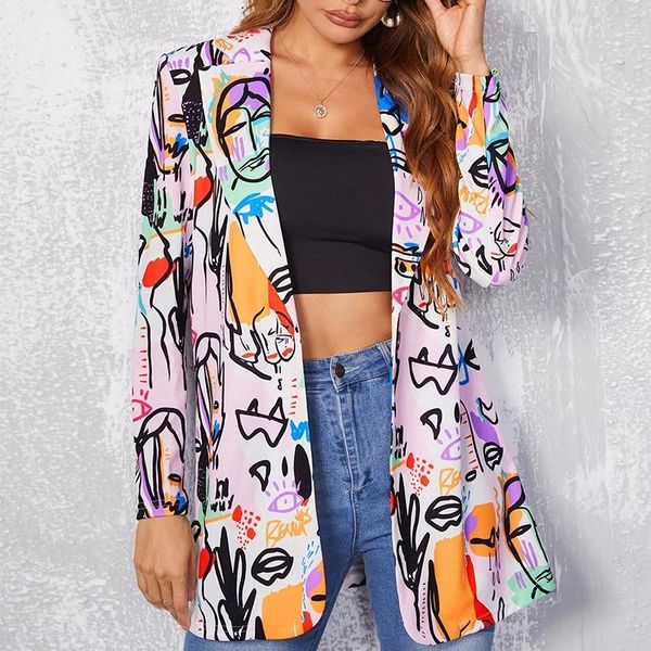 

women's suits & blazers fashion graffiti irregular printing blazer women jacket high street 2021 autumn casual elegant office lady coat, White;black