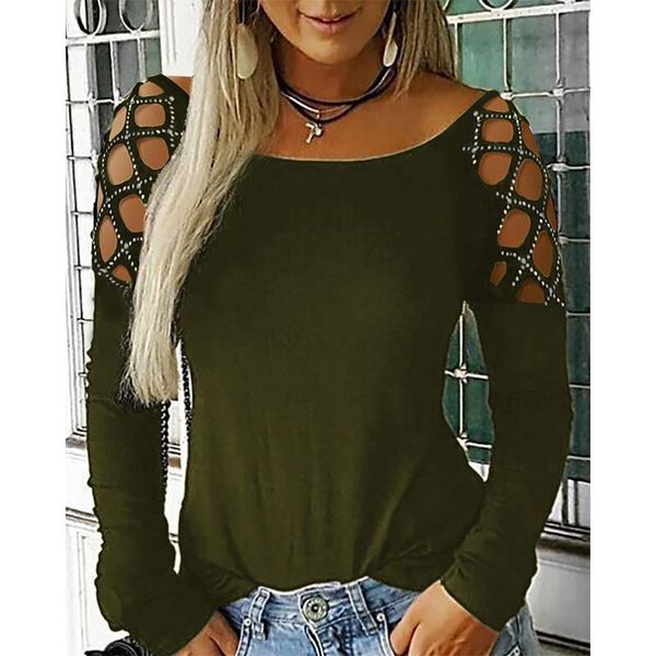 

women's t-shirt droppshi women spring autumn ladies long sleeve round neck with rhinestone decoration for winter d88, White