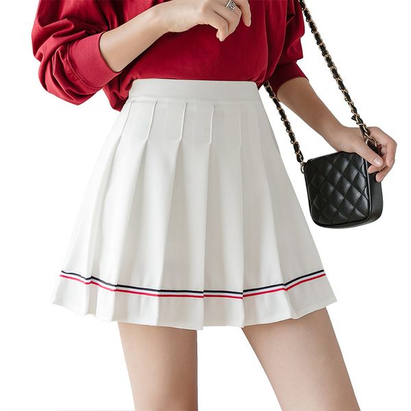 

summer women white shorts skirt casual stripe print high waist a-line black mini skirt student pleated skirts faldas cortas 210414