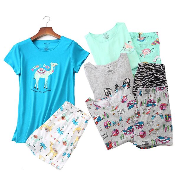 

women's sleepwear summer women pajamas set cartoon animal short sleeve+shorts 2pcs korean style comfort soft round neck homewear 4, Black;red