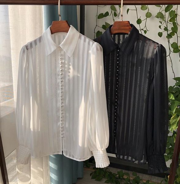 

women's blouses & shirts women white/black contrast stripe multi buttoned micro-transparent blouse shirt - ladies long sleeve lapel top