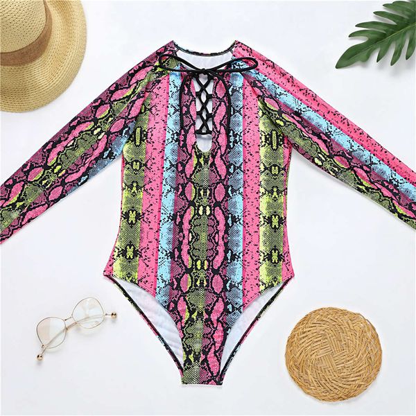

new colorful lace up long sleeve women swimwear swimsuit female printed bather bathing suit swim wear lady k2529