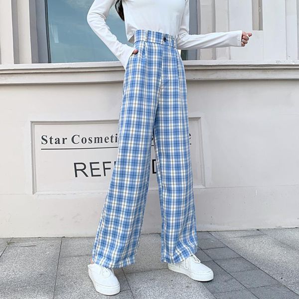 

plaid pants women oversized korean style fashion checked trousers plus size wide leg grid women's & capris, Black;white
