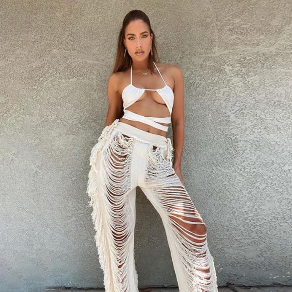 

women's pants & capris yiallen autumn 2021 white hollow out trousers women y2k high waist fashion streetwear casual slim long lady, Black;white