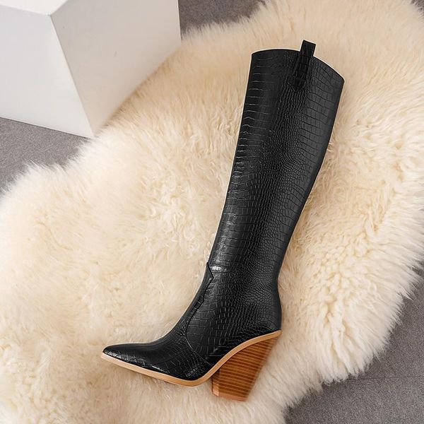 

boots crocodile print knee high brand women faux leather square heel long pointed toe autumn winter woman, Black