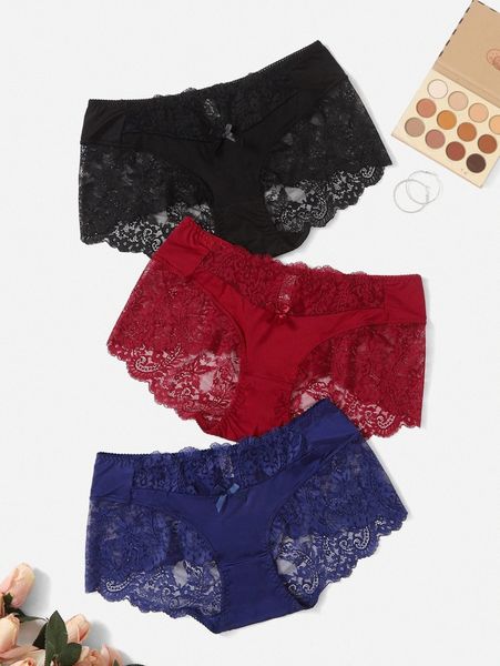 

3pack plus contrast lace panty h0o7#, Black;white