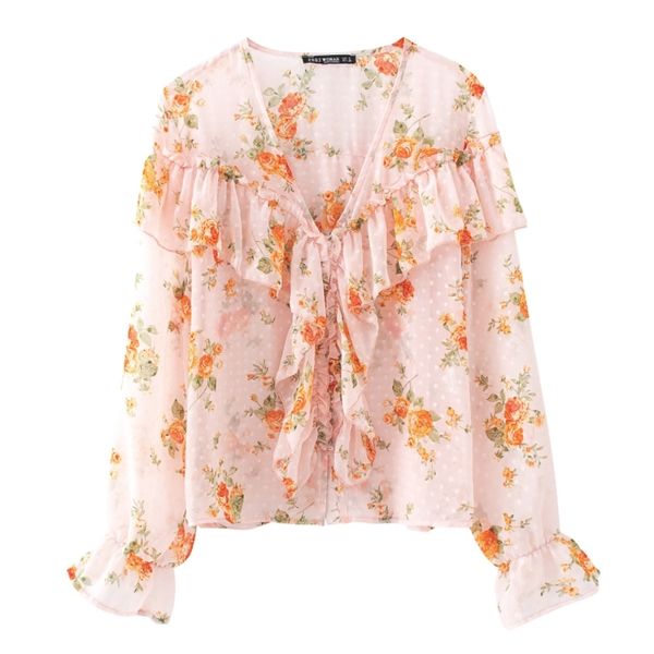 

summer women cascading ruffle flower printed chiffon thin blouse female long sleeve shirt casual lady loose blusas s8707 210430, White
