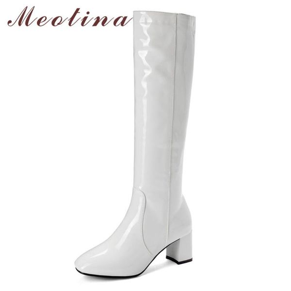 

boots meotina knee-high women shoes patent leather high heel long square toe thick heels zip lady white red size 45, Black
