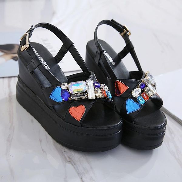 

sandals 2021 summer thick bottom muffin white slope heel women's shoes fashion diamond high, Black