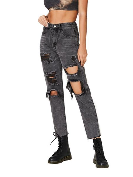 

women's jeans hirigin creative women distressed straight leg high waist loose denim pants with ripped holes wide long, Blue