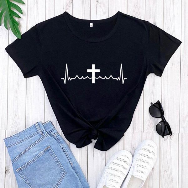 

women's t-shirt christian cross heartbeat shirt arrival 100%cotton funny t faith religious shirts gifts for her, White