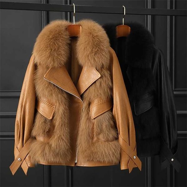 

women's winter sheepskin coat female leisure fashion splicing sheep skin large furcollar fur coat female 211129, Black