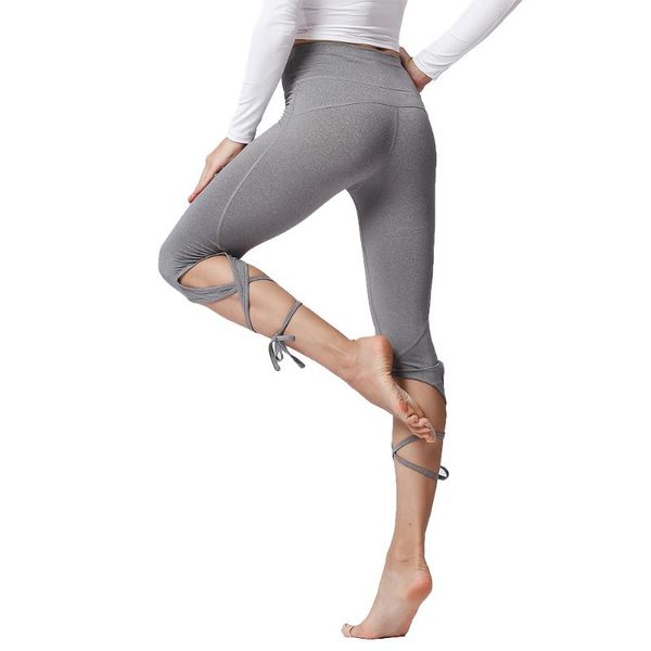 

yoga outfits sport tights pants woman fitness high waist push up solid slim cross bandage lace stretch ballet dance gym crop leggings, White;red