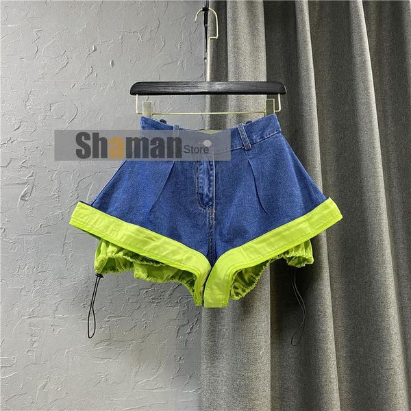 

women's shorts luxury designer 2021 high waist fluorescent green curling a- line wide denim jean pants for women summer clothes, White;black