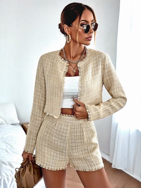 

1pc raw trimmed open front crop tweed jacket q77r#, Black;brown