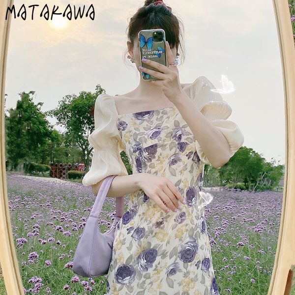 

matakawa vintage floral woman dress summer dresses empire waist robe femme elegant patchwork puff sleeve long vestidos 210513, Black;gray