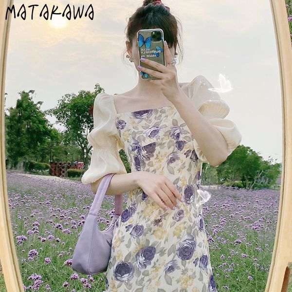 MATAKAWA Vintage Floral Frau Kleid Sommer Kleider Empire Taille Robe Femme Elegante Patchwork Puff Sleeve Lange Vestidos 210513