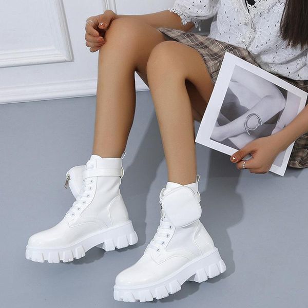 

boots 2021 women fashion handsome motorcycle platform punk female lace up solid thick bottom shoes pu leather small pocket, Black