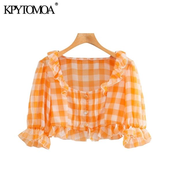 

women sweet fashion ruffled plaid cropped blouses vintage square collar short sleeve female shirts chic 210420, White