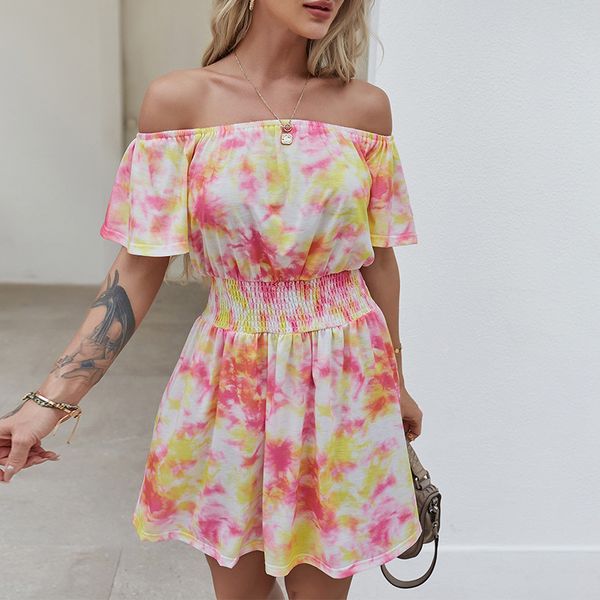 

women slash neck tie dye dress summer floral printed bohe style slim waist casual women's mini dresses 210524, Black;gray
