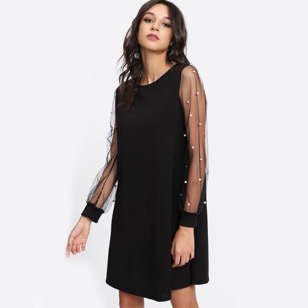 

autumn long-sleeved puff sleeve round neck mesh beaded slim straight casual women dress dresses, Black;gray