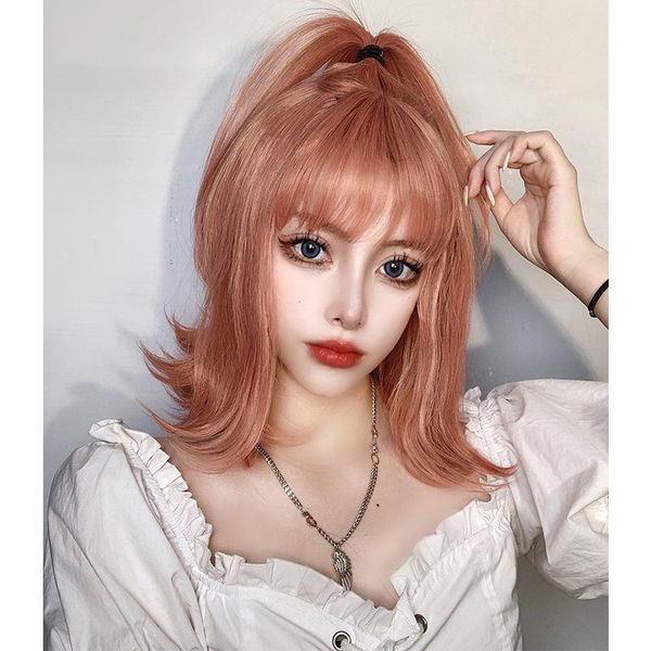 

synthetic orange pink short wig shoulder-length slightly wavy lolita girl heat-resistant wigs, Black
