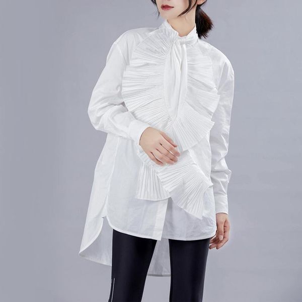 

autumn fashion button up white black exaggerated frill design vintage blouse long sleeves female loose street shirts women's blouses &